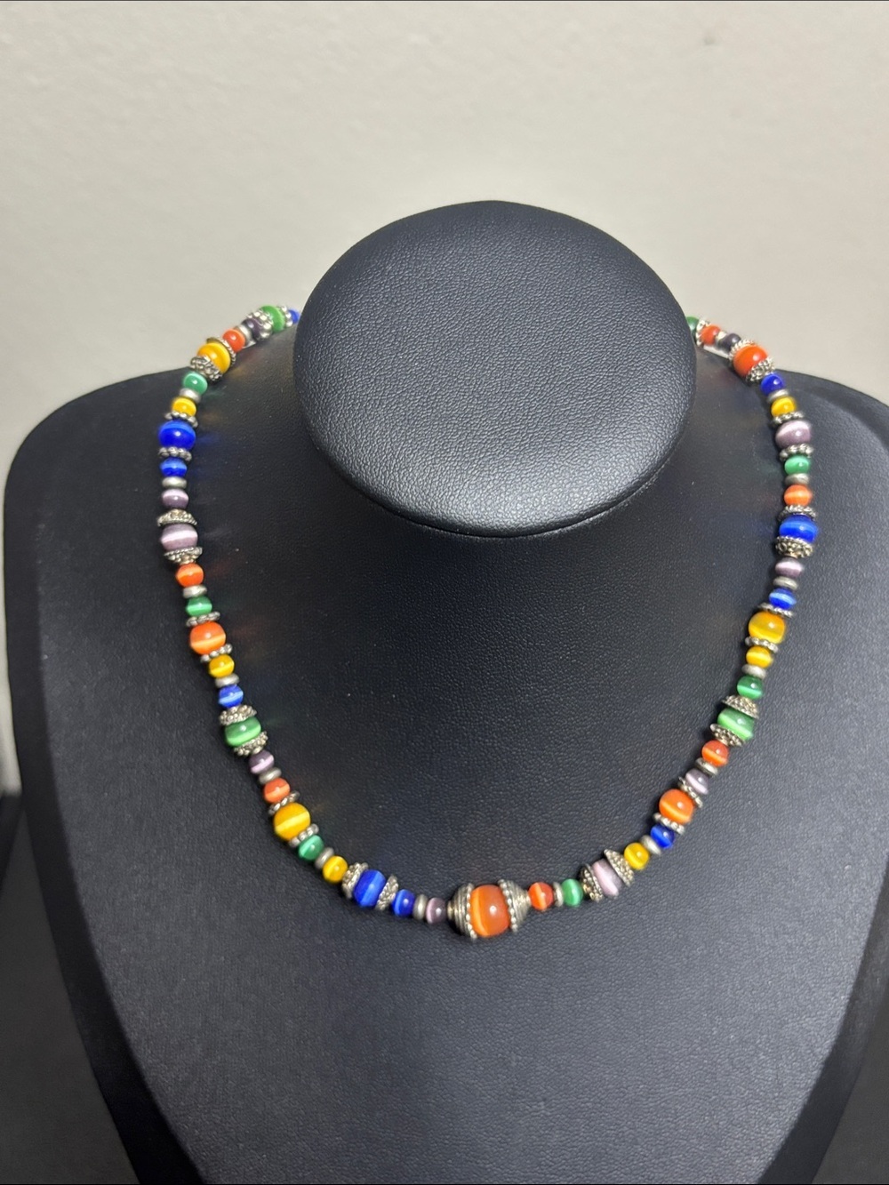 Vintage Colorful Multicolor Stone Cats Eye Bead Necklace with Mixed Accent Beads
